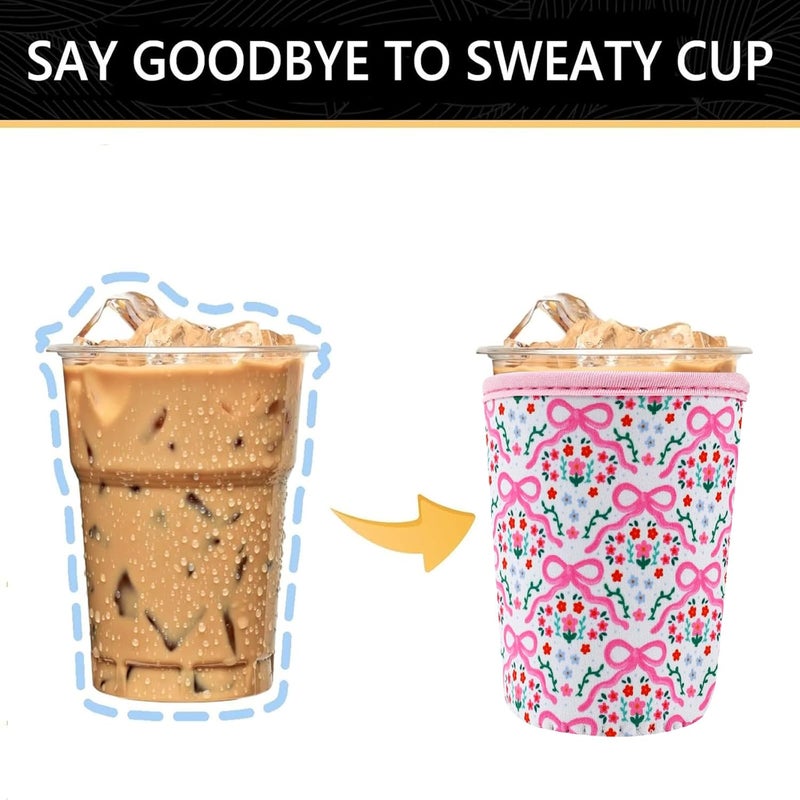 YR Reusable Neoprene Insulator Sleeve for Iced Coffee Cups, 3 Pack Coffee Coolies sleeves for Iced & Hot Drinks, Cold Beverage Cooler Compatible with Starbucks Coffee and More (Pink Bows) - Image 4